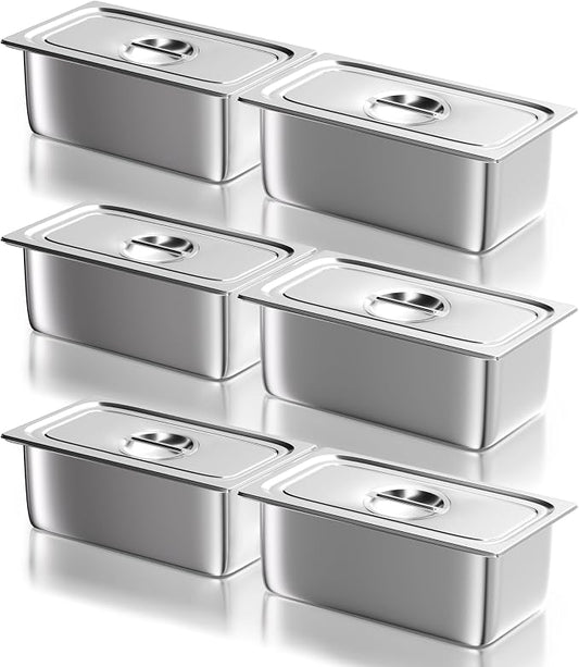 WantJoin Steam Table Hotel Pans with Lid 1/3 Third Size 2.5 Inch Deep 6 Pack, Stainless Steel Metal Food Storage Container Tray Sets, Restaurant Chafing Dishes Commercial Buffet Warmer Catering