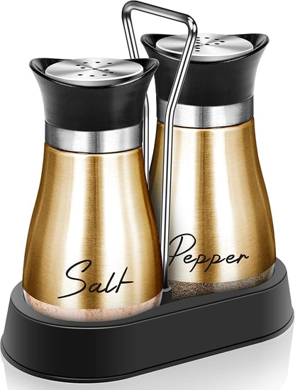 Copper Salt and Pepper Shakers Set with Holder,4 oz Modern Farmhouse Kitchen Decor and Accessories for Restaurant, Wedding, Housewarming Gifts Refillable Design (Copper)