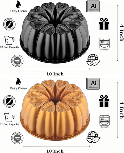 Heart Shape Aluminum Cake Pan, Titanium Coating, Non-Stick, 12 Cups, Gifts for Mom, 10 Inch Baking Mold, Cast Aluminum Fluted Tube Pan, Easy to Clean (2-Pack, Black-Gold)