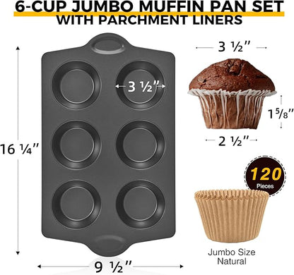 HONGBAKE Nonstick Jumbo Muffin Pan, 2 Pack Large Cupcake Tin with 120pcs Muffin Liners, Cup Cake Tray for Baking, 3.5dia, 6 Cup, Premium, Extra Thick