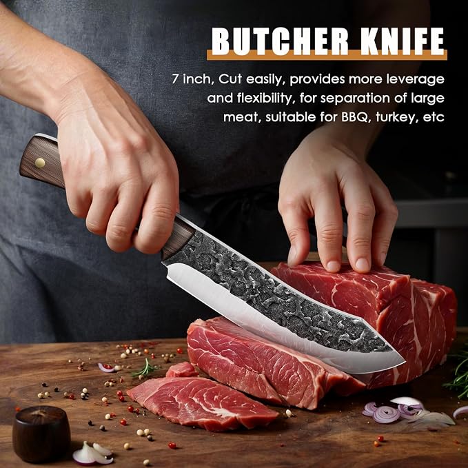 Chef Knife set 3Pcs, Professional Kitchen Knives, Sharp Butcher knife sets, Hand-forged High Carbon Steel Fillet Knife Meat Cleaver Viking Boning knife for Cooking, Gift Box