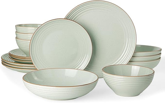 Famiware Jupiter 16-Piece Stoneware Dinnerware Set for 4 - Includes Pasta Bowl & Dinner Plate, Handcrafted Dishes with Speckles & Embossed Swirls, Chip & Scratch Resistant, Daily & Formal Use, Green