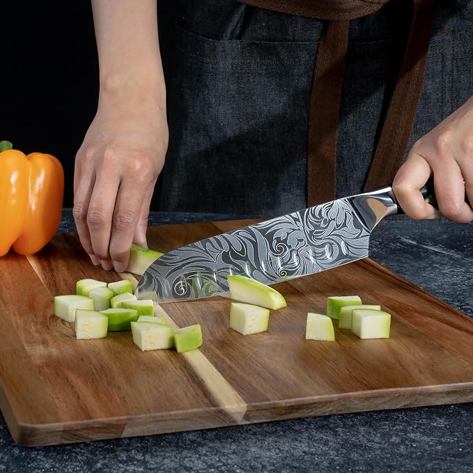 SENKEN 8-piece Engraved Japanese Kitchen Knife Set & Beautiful Green Resin Epoxy Handles - Wasabi Collection - Chef's Knife, Santoku, Cleaver, Paring, & More