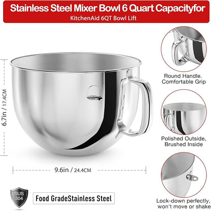 6QT Stainless Steel Mixer Bowl for Kitchenaid Stand Mixers, Kitchen Aid Mixing Bowl for 6QT Lift Mixer with Handle