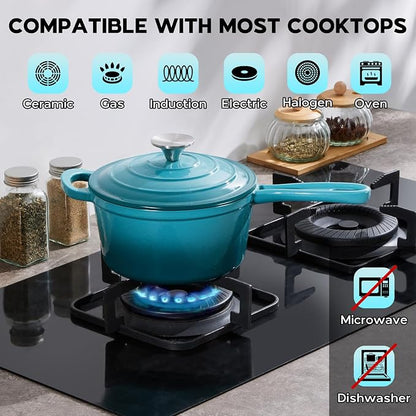 Onader 1QT Saucepan with Lid, Enameled Cast Iron Sauce Pan, Small Cast Iron Pot for Cooking, Enameled Dutch Oven Nonstick & Heavy Duty – Dark Cyan