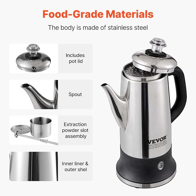 VEVOR 12-Cup Electric Percolator Coffee Pot, 304 Stainless Steel Body Coffee Percolator with Keep Warm Function & Heat-Resistant Handle, Classic Coffee Maker, Quick Brew & Easy-Pour Spout, Silver