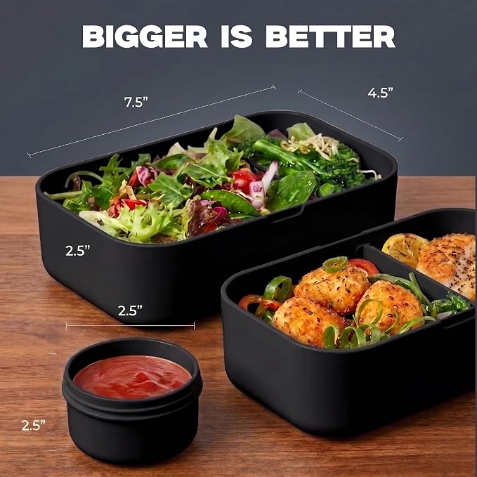 KARRICO Double Premium Bento Box Adult, 67 fl oz BPA-Free - Black Stackable Lunch Box with Leak-Proof Lids & Dividers, Perfect for Meal Prep, Lunches & Portion Control