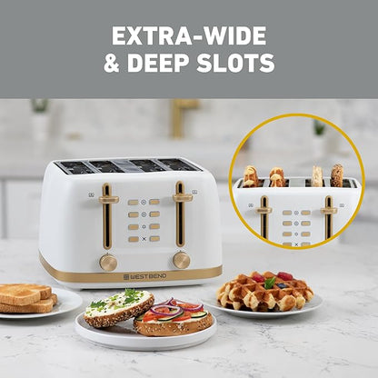 West Bend Timeless 4-Slice Toaster with 7 Browning Levels, Bagel/Waffle/Defrost Settings, High-Lift Lever, Anti-Jam, Easy-Clean Crumb Tray, 4-Slice, White/Gold