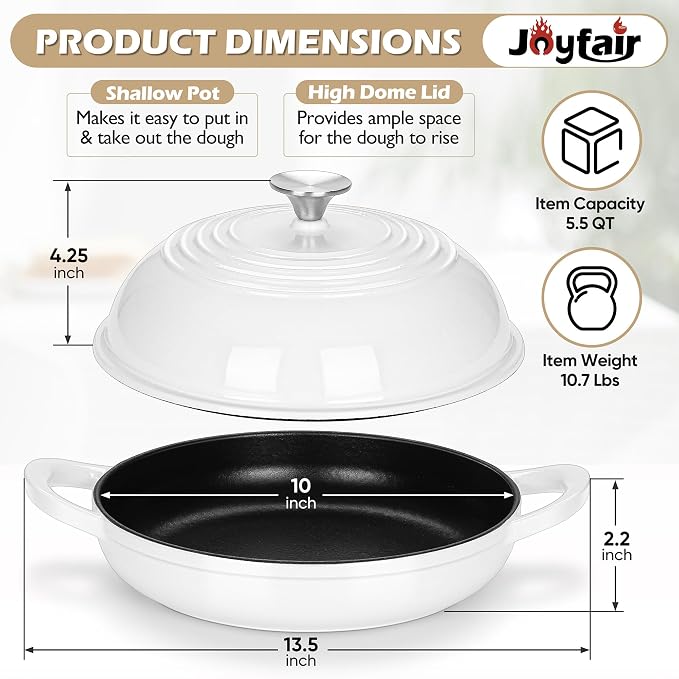 Bread Dutch Oven for Sourdough Baking (5.5 QT), Joyfair Enameled Cast Iron Dutch Oven Pot with Lid, Sourdough Bread Pan with Heavy Duty Dual Handles, Non-Stick & Even Heat, Oven-safe up to 500°F White
