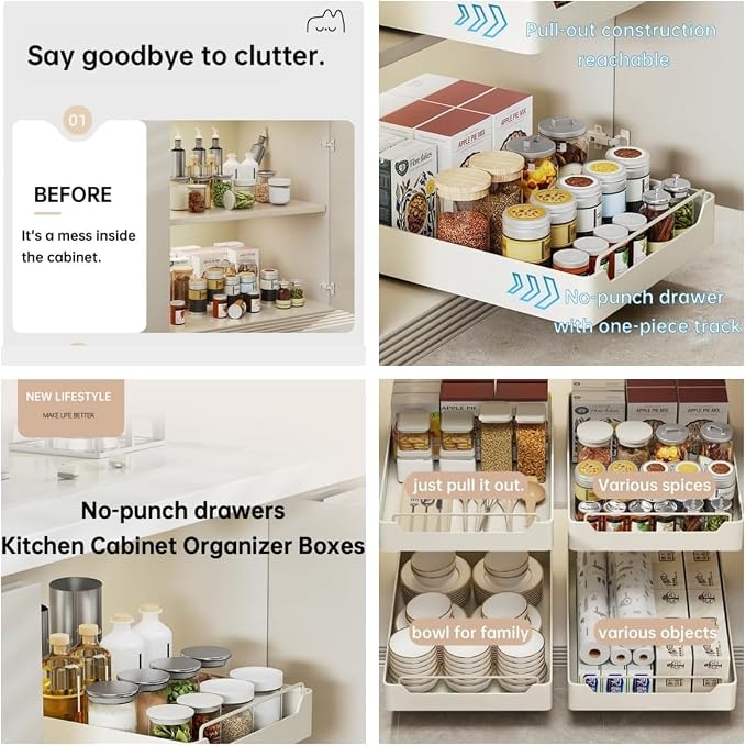Pull Out Cabinet Organizer with Soft-Close Damping, 20x43 Cm Slide Out Pantry Shelf, Heavy Duty Kitchen Storage Solution for Spices, Jars, Cans, White