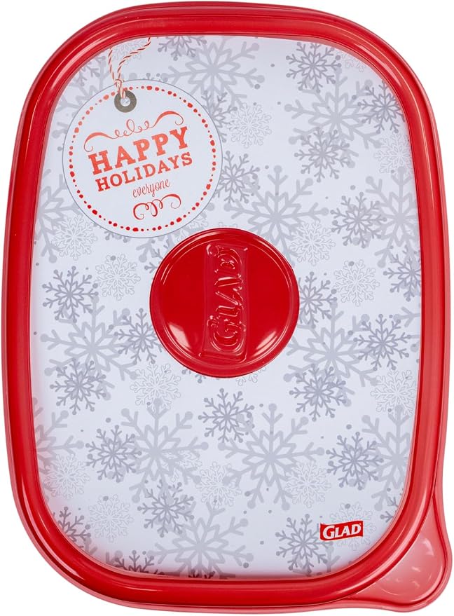 Glad GladWare Holiday Food Storage Containers with Reversible Gift Tags, Large Rectangle BPA Free Plastic for Holiday Cookies and Gifting, Microwave Freezer Dishwasher Safe, 64 Oz, 3 Count
