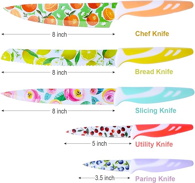 UPTRUST 10-piece Stainless Steel Kitchen Knife Set, Nonstick Coated with 5 Blade Guard, Multicolored Knives Set Gift for Mom