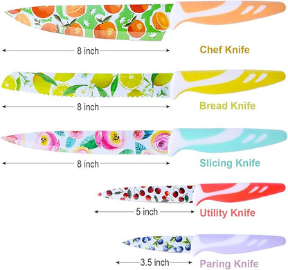 UPTRUST 10-piece Stainless Steel Kitchen Knife Set, Nonstick Coated with 5 Blade Guard, Multicolored Knives Set Gift for Mom