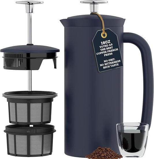 ESPRO Pro P7 French Press Stainless Steel 304 – Patented Double Walled Micro-Filter Insulated French Press Coffee Maker, Grit-Free Brew - Heat Resistant BPA Free - Agean Blue, 18oz