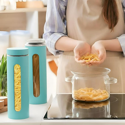 Mimorou 3 Pcs Stainless Steel Canister Set with Glass Windows Visible Storage Jars Silver Kitchen Canister Set for Pasta Flour Oat Sugar Container, Kitchen Tools, Housewarming Gifts(Turquoise,60 oz)