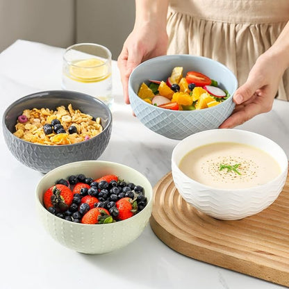 HASENSE Ceramic Cereal Bowls Set of 4, 26 OZ Soup Bowls, Embossed Stoneware Porcelain Bowls for Cereal, Soup, Oatmeal, Salad, Noodles & Rice, Microwave & Dishwasher Safe, Multi-Color