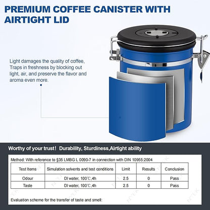 ShanSon Coffee Canister Airtight, Stainless Steel Bean Storage Container with Date Tracker & Scoop, Grounds Sugar Flour Tea Cereal Fits Kitchen Pantry, Ideal Gift for Coffee Lovers,22oz,Blue