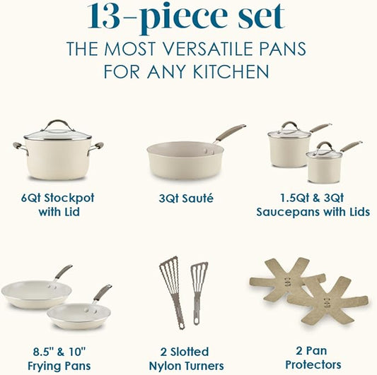 Rachael Ray Cucina Ceramic Nonstick Cookware Pots and Pans Set, 13-Piece, Almond