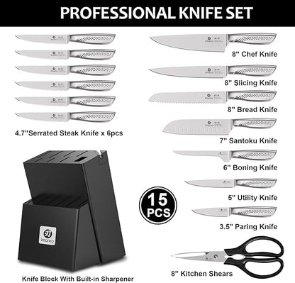 imarku® Kitchen Knife Set, 15 Pcs Japanese Knife Set with Block, Premium Razor-Sharp Chef Knives Set for Kitchen with Sharpener, Rust-Proof, Ergonomic Full-Tang Handle, Black