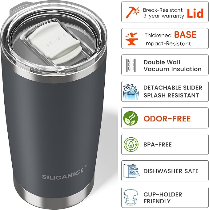 Coffee Tumbler 20 oz, Double Wall Stainless Steel Travel Coffee Mug with Removable Slider Lid, BPA Free, Car Cup Holder Compatible - Gym/Office/Travel/Home - Gray