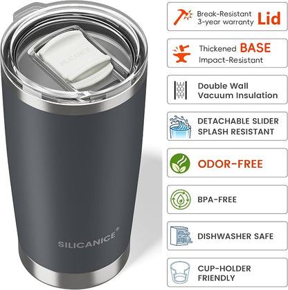 Coffee Tumbler 20 oz, Double Wall Stainless Steel Travel Coffee Mug with Removable Slider Lid, BPA Free, Car Cup Holder Compatible - Gym/Office/Travel/Home - Gray