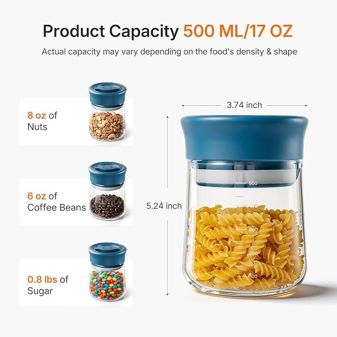 Airtight Glass Jar with Rotary Lid, 17oz Borosilicate Glass Storage Container with Measurement Marks, Wide Mouth Jar for Coffee Beans, Overnight Oatmeal, Tea, Candy, Snacks, Salt, Condiment