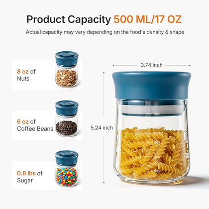 Airtight Glass Jar with Rotary Lid, 17oz Borosilicate Glass Storage Container with Measurement Marks, Wide Mouth Jar for Coffee Beans, Overnight Oatmeal, Tea, Candy, Snacks, Salt, Condiment