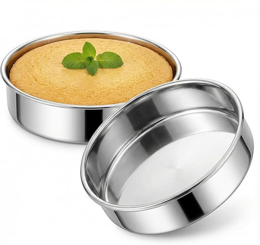 Hemoton 9.6 Inch Round Cake Pans Set of 2, Heavy Duty Stainless Steel Baking Pans for Oven, Flat Base Layer Cake Molds for Cheesecake, Non-Toxic & Dishwasher Safe