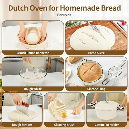 Enameled Cast Iron Dutch Oven with Lid -6.5 QT, incl. Sourdough Bread-Baking Supplies like Banneton Proofing Basket, Heavy Duty Cookware Bread-Oven for Baking, Stews, and Roasting, Cream White
