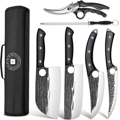 TIVOLI Professional Butcher Knife Set for Meat Processing, 7Pcs High Carbon Steel Hand Forged BBQ Knife Sets, Serbian Chef Knife Set with Ergonomic Handle for Kitchen Outdoor Cooking Gifts