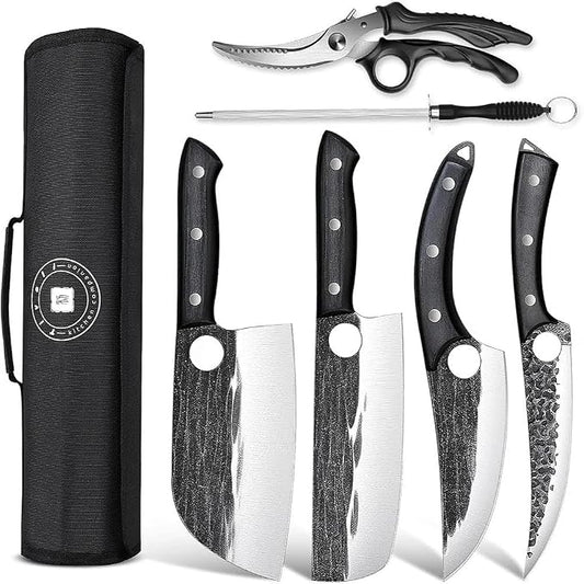 TIVOLI Professional Butcher Knife Set for Meat Processing, 7Pcs High Carbon Steel Hand Forged BBQ Knife Sets, Serbian Chef Knife Set with Ergonomic Handle for Kitchen Outdoor Cooking Gifts