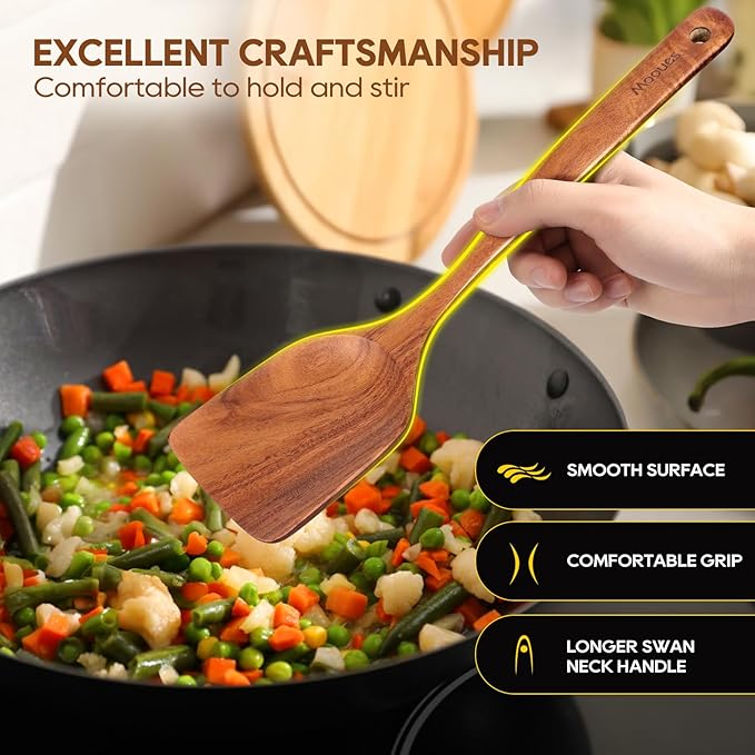 Wooden Spoons for Cooking, 10PCS Teak Wood Cookware Utensil Set with Hooks - Smooth Finish, Non-Stick, Comfortable Grip, Heat Resistant Kitchen Utensils