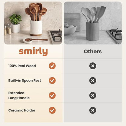 SMIRLY Wooden Spoons for Cooking - 12-Piece Premium Acacia Wood Utensil Set with Ceramic Holder & Spoon Rest, Non-Scratch Cooking Utensils Set for Nonstick Cookware, Luxury Kitchen Gift Set [Acacia]