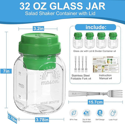 [UPGRADE] 4 Pack Green Salad Jars with Lids and Airtight Silicone Dressing Cup, Square Glass Salad Container for Lunch with Foldable Fork for Men/Women, 32 Oz Mason Jar for Overnight Oats Meal Prep