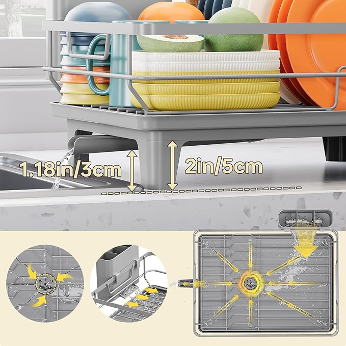TOOLF Dish Drying Rack, Small Dish Racks for Kitchen Counter, Stainless Steel Sink Organization and Storage Essentials with Cutlery Holder, Dish Drainer, Home and Appartment Decor, Gray