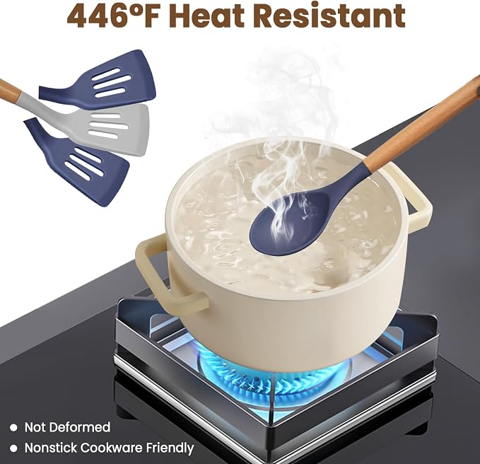 Kitchen Utensils Set - 12 Pcs Silicone Cooking Utensils Set with Wooden Handle - Heat Resistant Non-Stick BPA Free Spatula Set,Turner, Spoon, Brush, Silicone Kitchen Gadgets Utensil Set