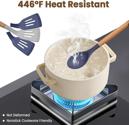 Kitchen Utensils Set - 12 Pcs Silicone Cooking Utensils Set with Wooden Handle - Heat Resistant Non-Stick BPA Free Spatula Set,Turner, Spoon, Brush, Silicone Kitchen Gadgets Utensil Set