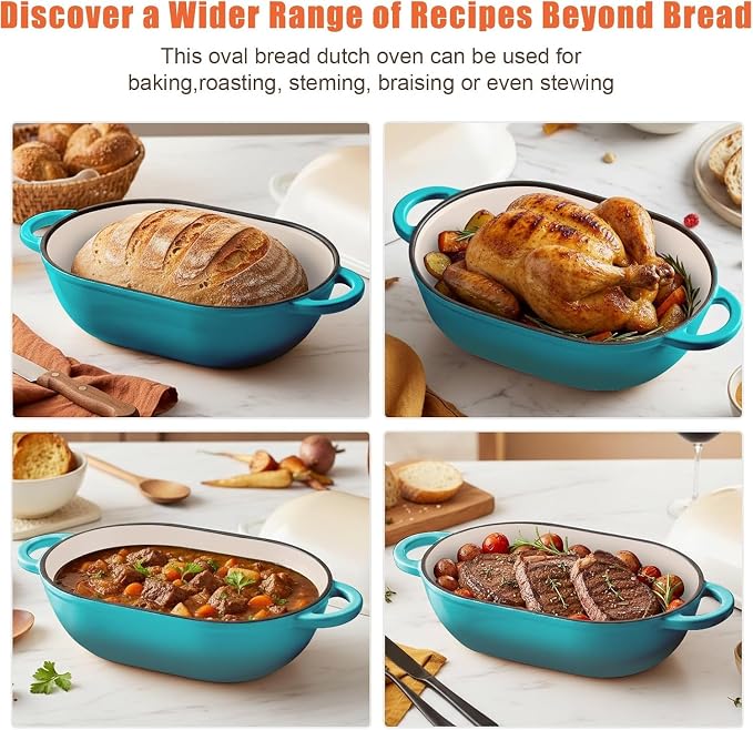 Enameled Cast Iron Sourdough Bread Oven, 2.5 QT Loaf Cast Iron Bread Pan with Lid, Oval Dutch Oven for Homemade Bread Baking, Meatloaf Pan with Lid (Blue-green)
