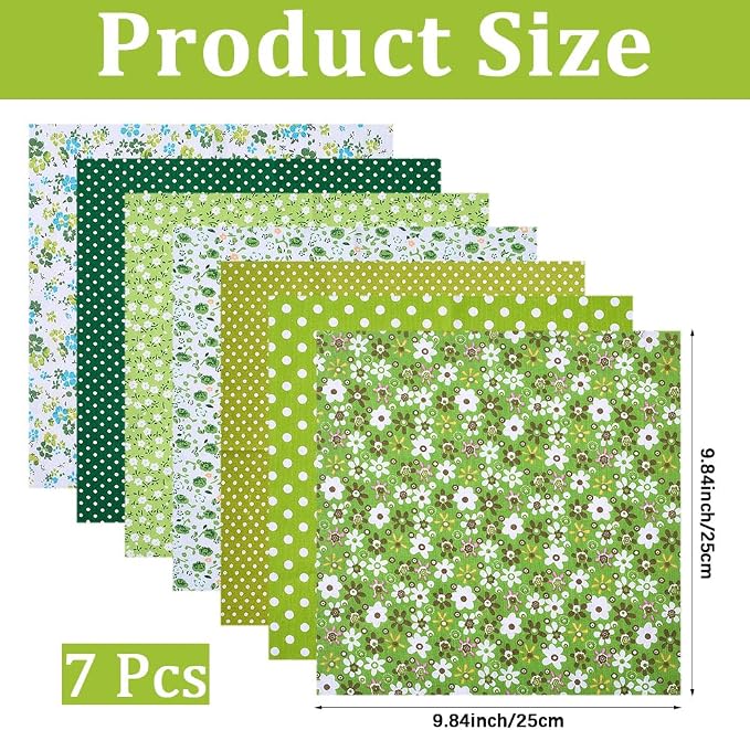 7Pcs Green Patchwork Squares Fabric Flower Polka Dot Print Soft Cotton Square Fabrics Floral Printed Vintage Cloth Bundle for Sewing Making Clothing Dress Decor Scrapbooking Diy Craft Supply