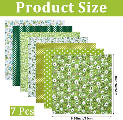 7Pcs Green Patchwork Squares Fabric Flower Polka Dot Print Soft Cotton Square Fabrics Floral Printed Vintage Cloth Bundle for Sewing Making Clothing Dress Decor Scrapbooking Diy Craft Supply