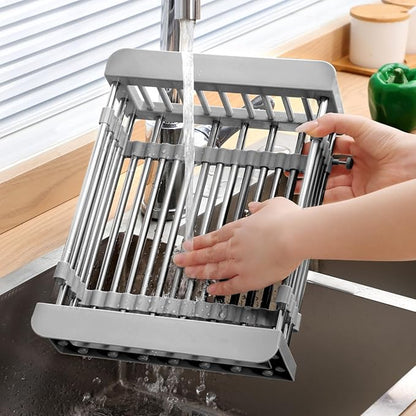 Dish Drying Rack, Adjustable Stainless Steel Drainer Basket Drain Tray for Dishes, Vegetables, and Fruit, On or in Sink Kitchen Basket Dish Drying Rack-Grey