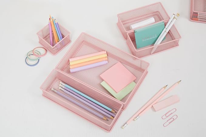 Annova Mesh Stackable Drawer Cabinet and Shelf Organizer Bins Storage Basket School Office Supply Holder Tray- Set of 2 (Light Pink, 3x12x2 Inch)