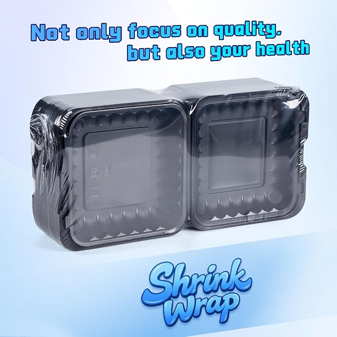 YANGRUI 55-Pack 34oz 8" Square To Go Container - Shrink Wrapped No Pre-Wash | Heavy Duty Mineral PP, Microwave & Freezer Safe | Leak-Resistant Hinged Clamshell for Leftovers, Family Gatherings & Parties