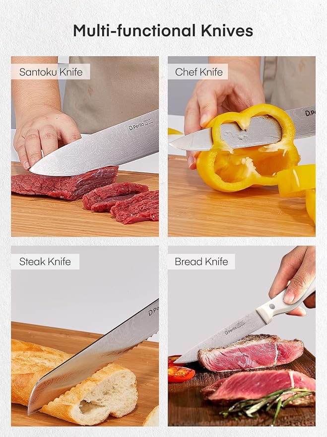 Knife Set, D.Perlla 15 Pieces Kitchen Knife Set with Built-in Sharpener, High Carbon Stainless Steel Kitchen Knife Block Set with Unique Waved Pattern, Non-slip Handle, White
