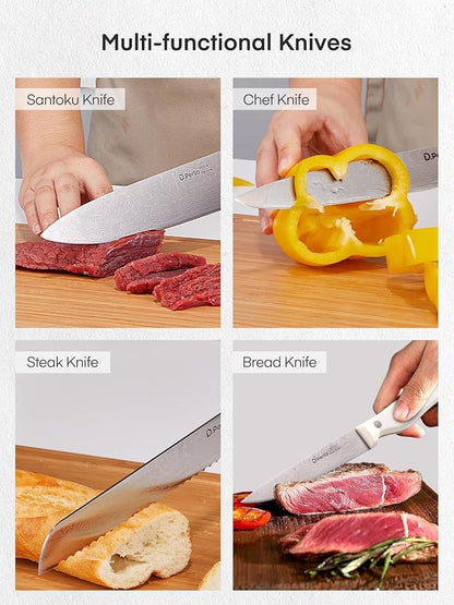 Knife Set, D.Perlla 15 Pieces Kitchen Knife Set with Built-in Sharpener, High Carbon Stainless Steel Kitchen Knife Block Set with Unique Waved Pattern, Non-slip Handle, White
