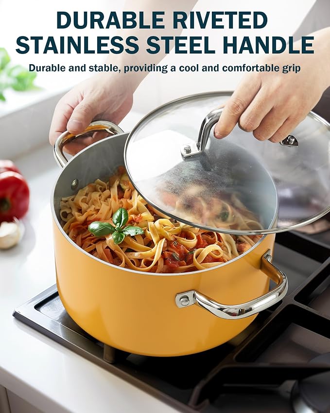 Cook N Home Classic Nonstick Cookware Set, Pots and Pans Cookware Set with Glass Lids and Comfortable Handles, Induction Compatible, 10-Piece, Yellow