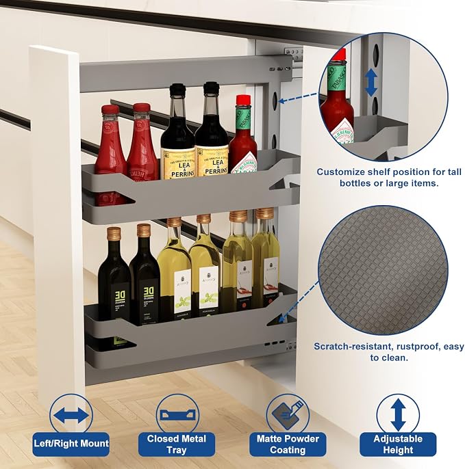 VADANIA Naro Pull Out Cabinet Organizer with Solid Metal Trays, 2-Tier Spice Rack for 10" Base Cabinets, Soft Close Full-Extension Slides, Reversible Left or Right Side Mount