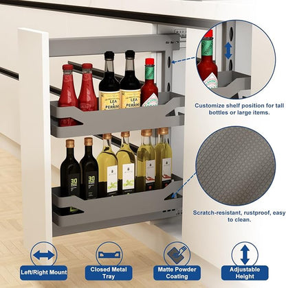 VADANIA Naro Pull Out Cabinet Organizer with Solid Metal Trays, 2-Tier Spice Rack for 10" Base Cabinets, Soft Close Full-Extension Slides, Reversible Left or Right Side Mount