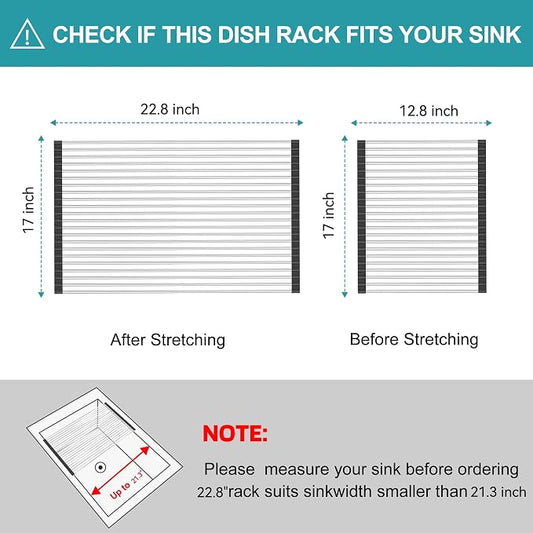 BBXTYLY Extra Large Expandable Roll Up Dish Drying Rack,Over The Sink Drying Rack Sink Cover Kitchen Sink Accessories Kitchen Rolling up Stainless Steel Drainer, Foldable,Rollable（Black，22.8''-17.3''）