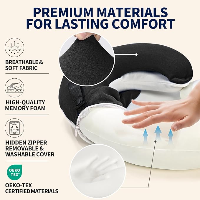 BUYUE Travel Neck Pillows for Airplanes, Memory Foam 360° Head Support Sleep for Long Flight, Skin-Friendly & Breathable, Kit with Eye Mask, Earplugs and Storage Bag (Adult, Black, 90+ lbs)